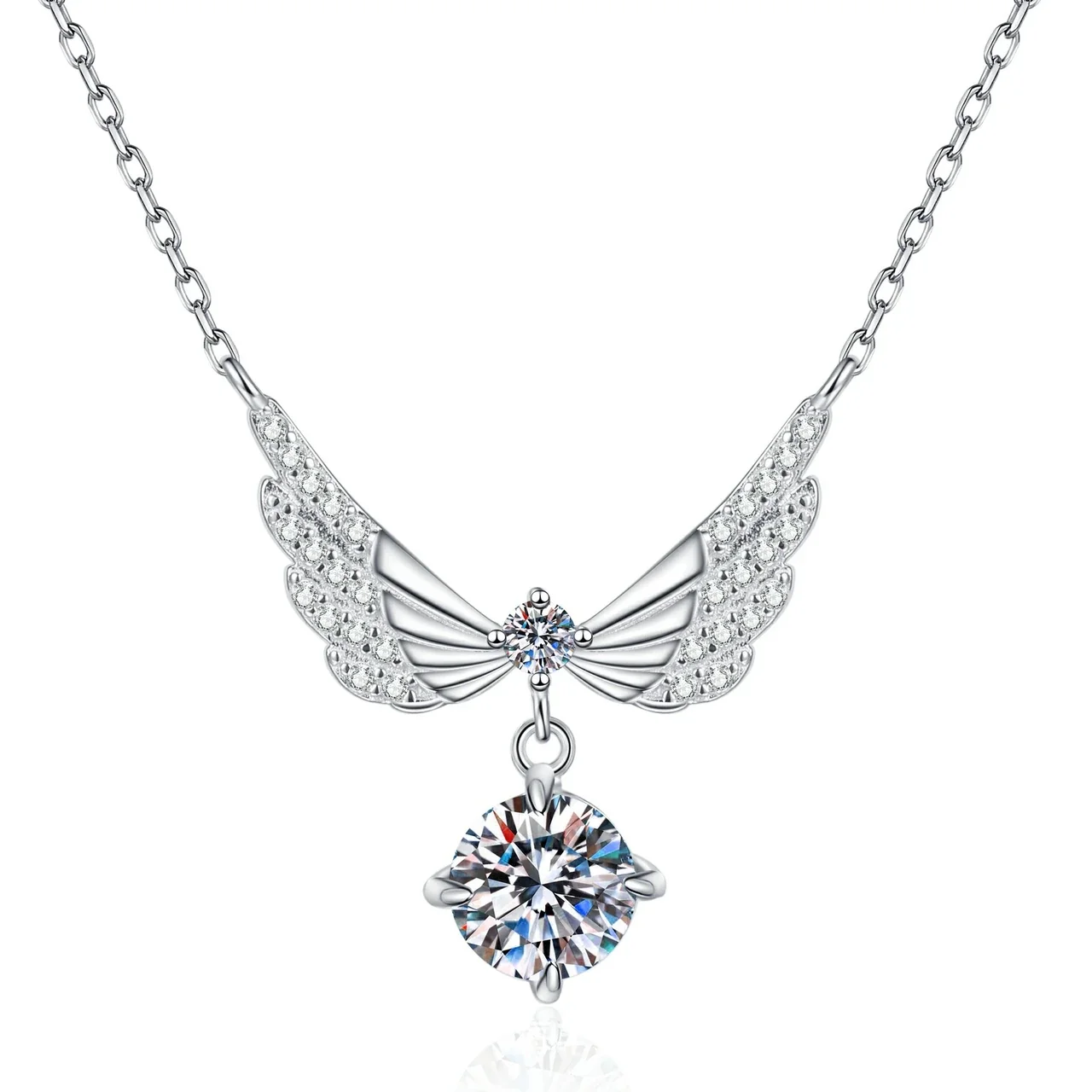 Luminous Wing Pavé Round Moissanite 925 Sterling Silver Necklace