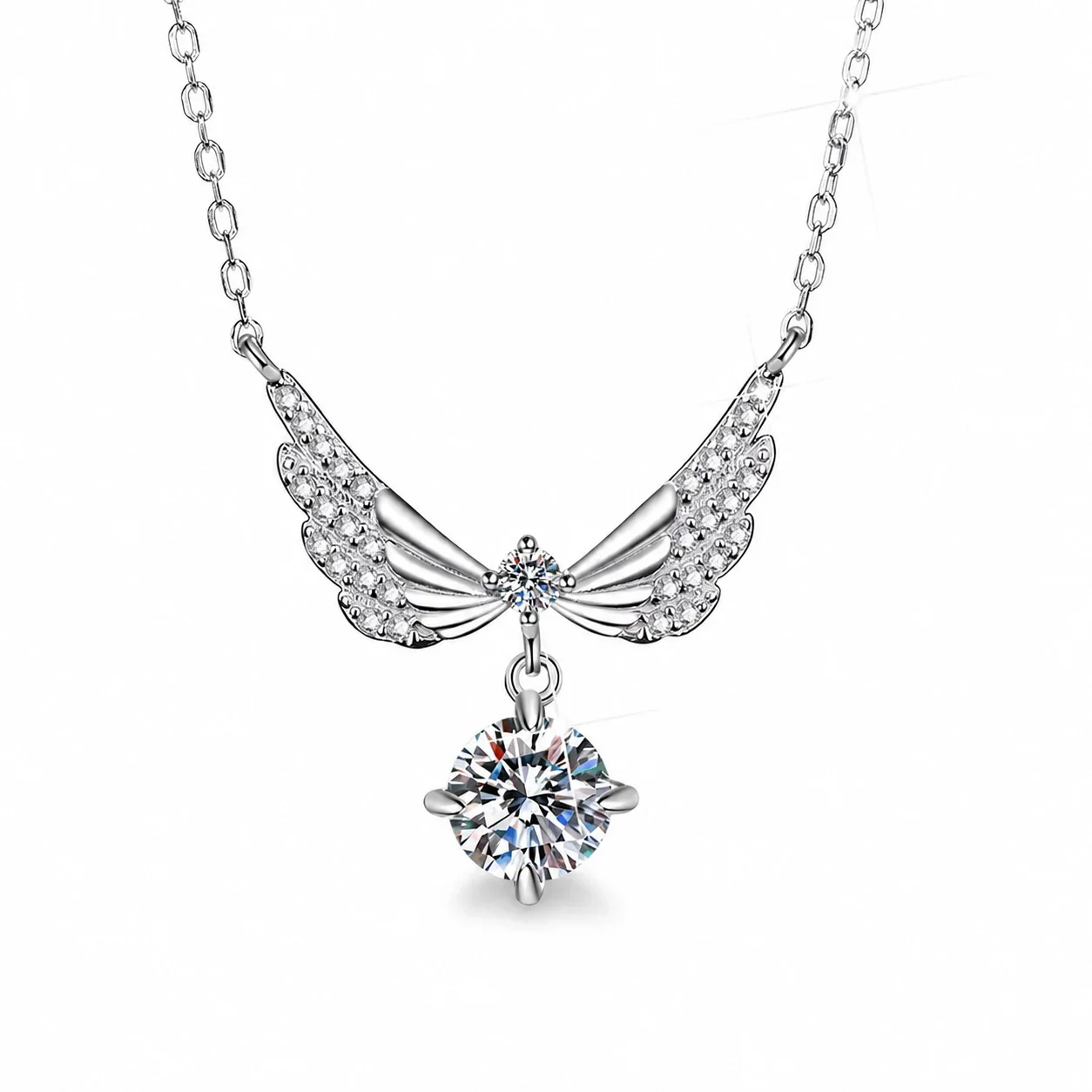 Luminous Wing Pavé Round Moissanite 925 Sterling Silver Necklace