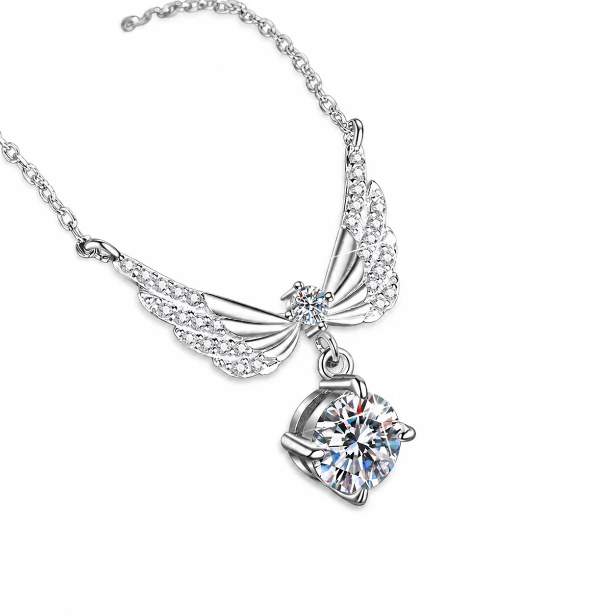Luminous Wing Pavé Round Moissanite 925 Sterling Silver Necklace
