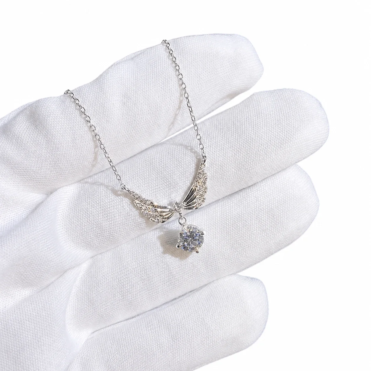Luminous Wing Pavé Round Moissanite 925 Sterling Silver Necklace