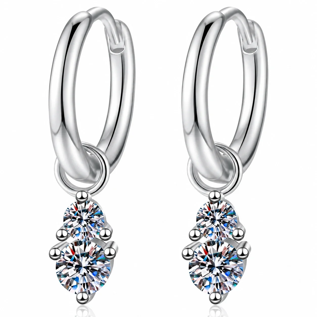 Polished Twin Round Moissanite 925 Sterling Silver Hoop Earrings