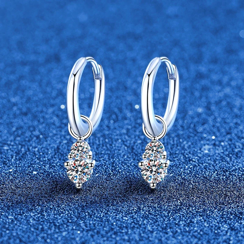 Polished Twin Round Moissanite 925 Sterling Silver Hoop Earrings