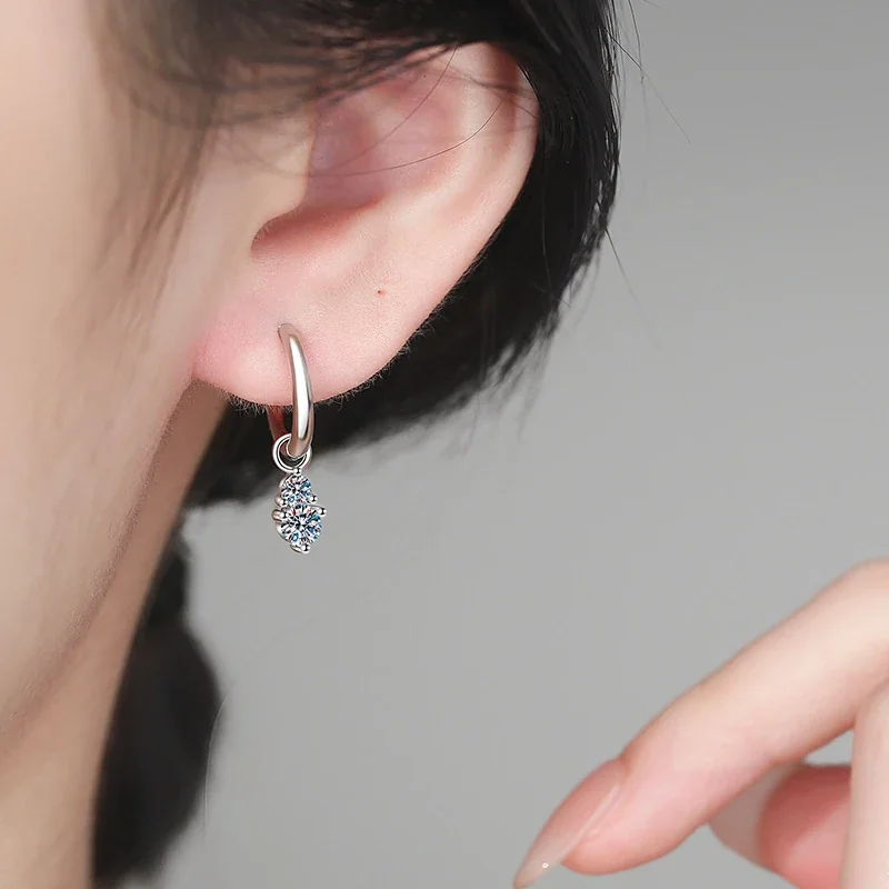 Polished Twin Round Moissanite 925 Sterling Silver Hoop Earrings