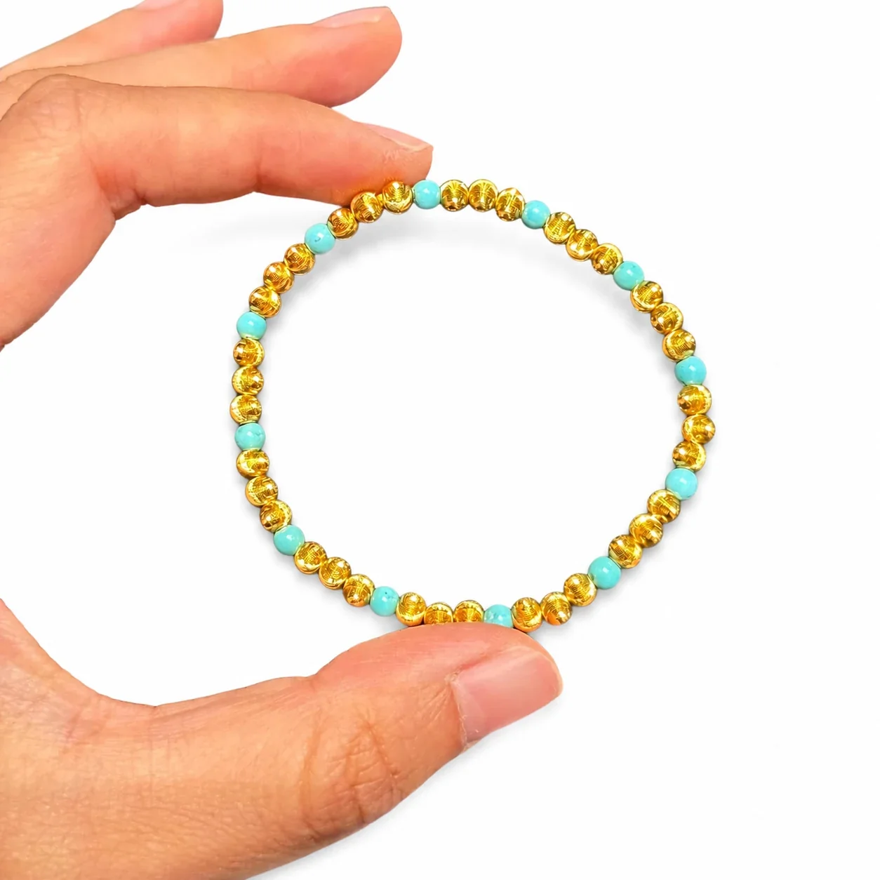 Textured Gold-Plated Bead Turquoise Stretch Bracelet
