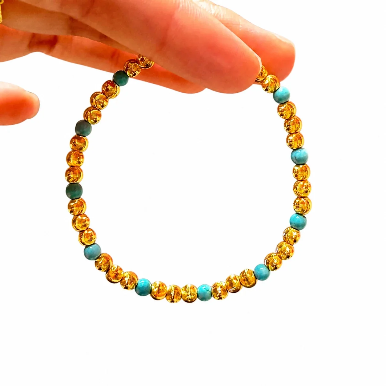 Textured Gold-Plated Bead Turquoise Stretch Bracelet