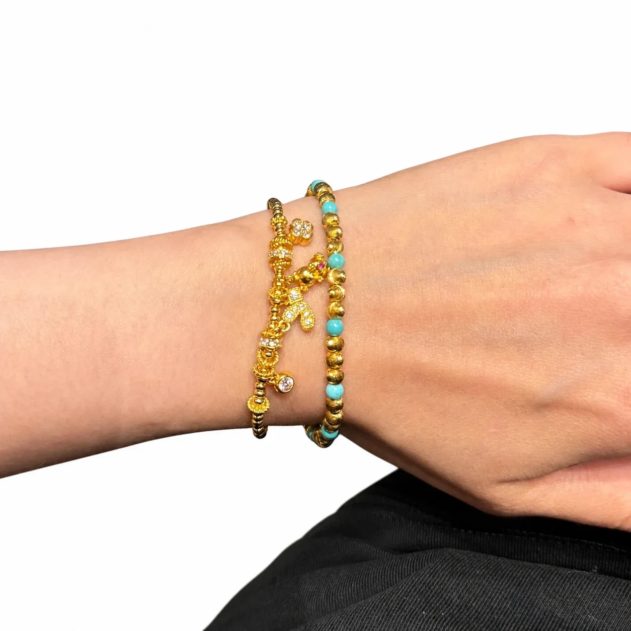 Textured Gold-Plated Bead Turquoise Stretch Bracelet