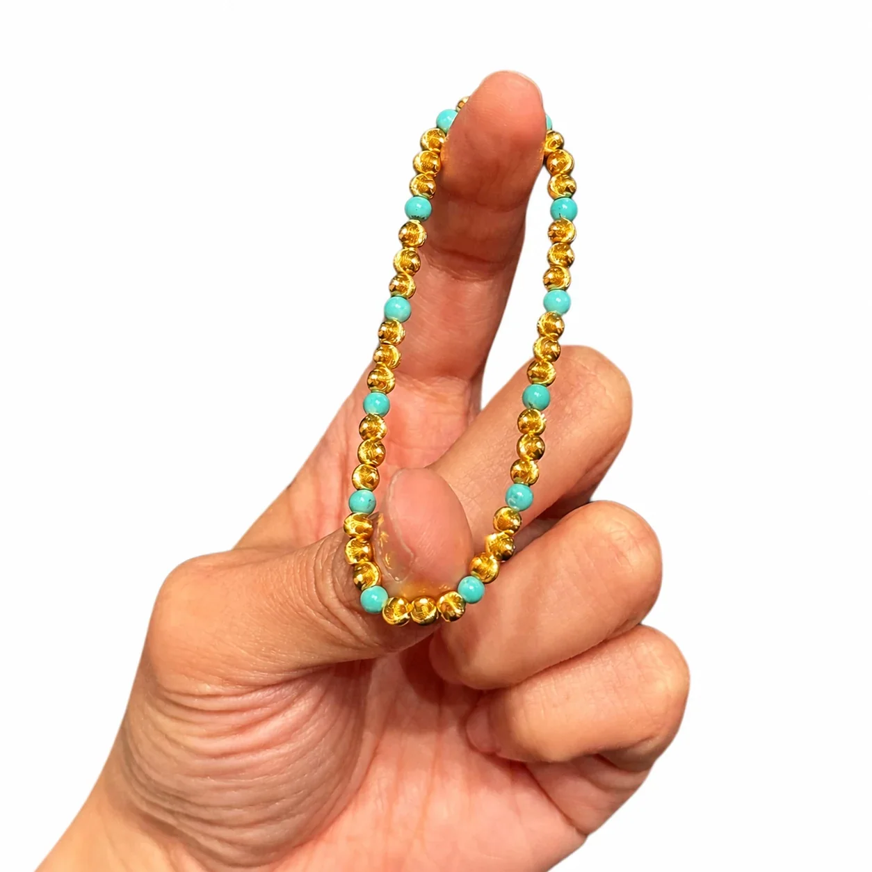 Textured Gold-Plated Bead Turquoise Stretch Bracelet