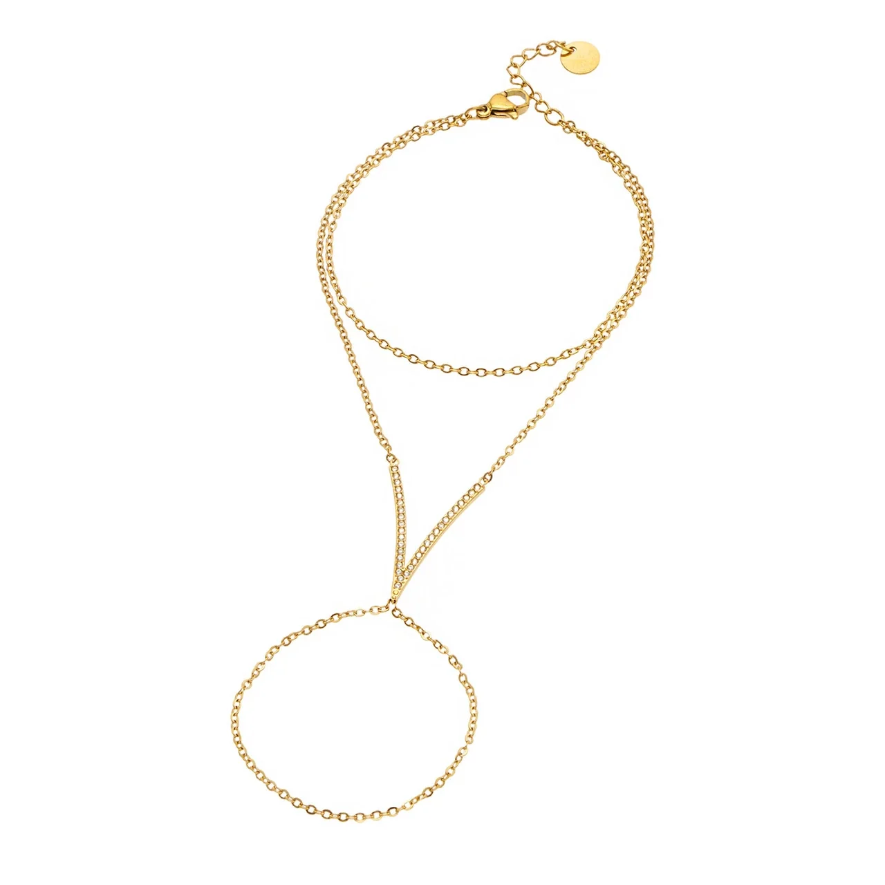 Delicate Gold-Plated V-Bar CZ Hand Chain Bracelet