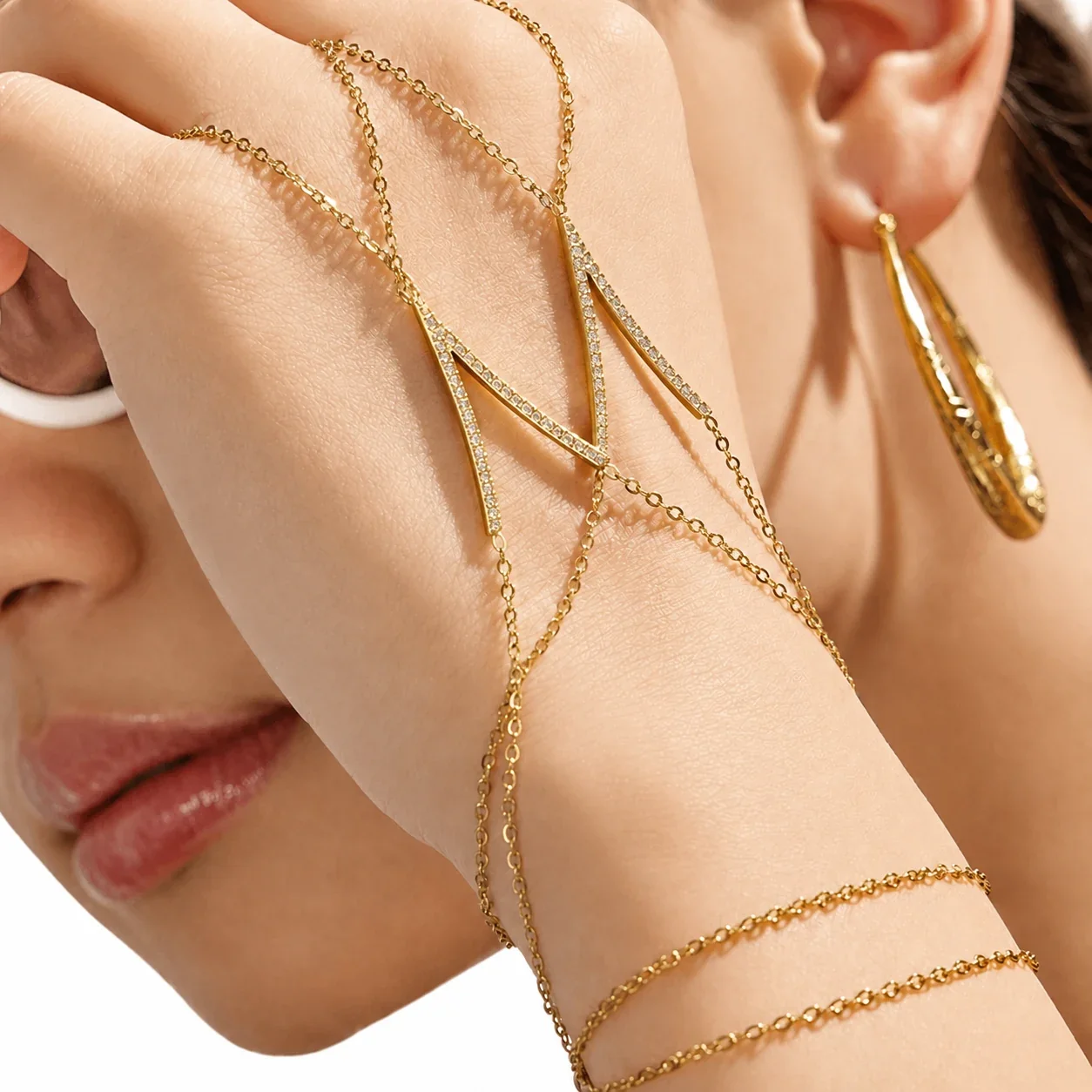Delicate Gold-Plated V-Bar CZ Hand Chain Bracelet