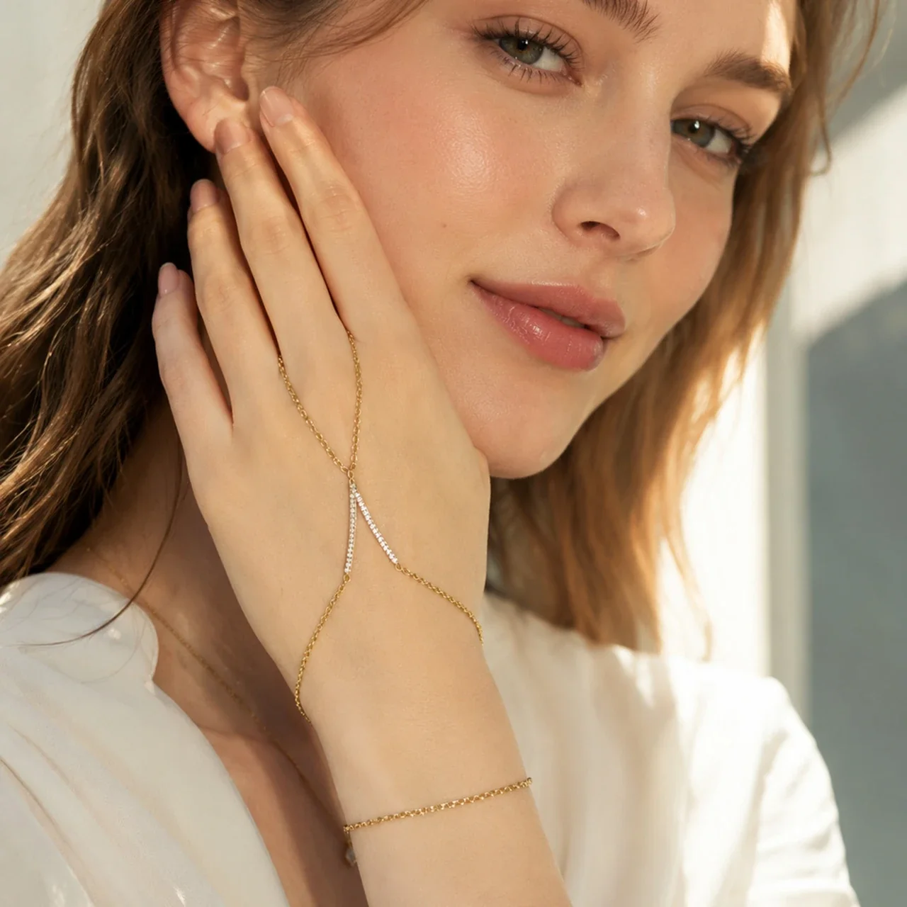 Delicate Gold-Plated V-Bar CZ Hand Chain Bracelet