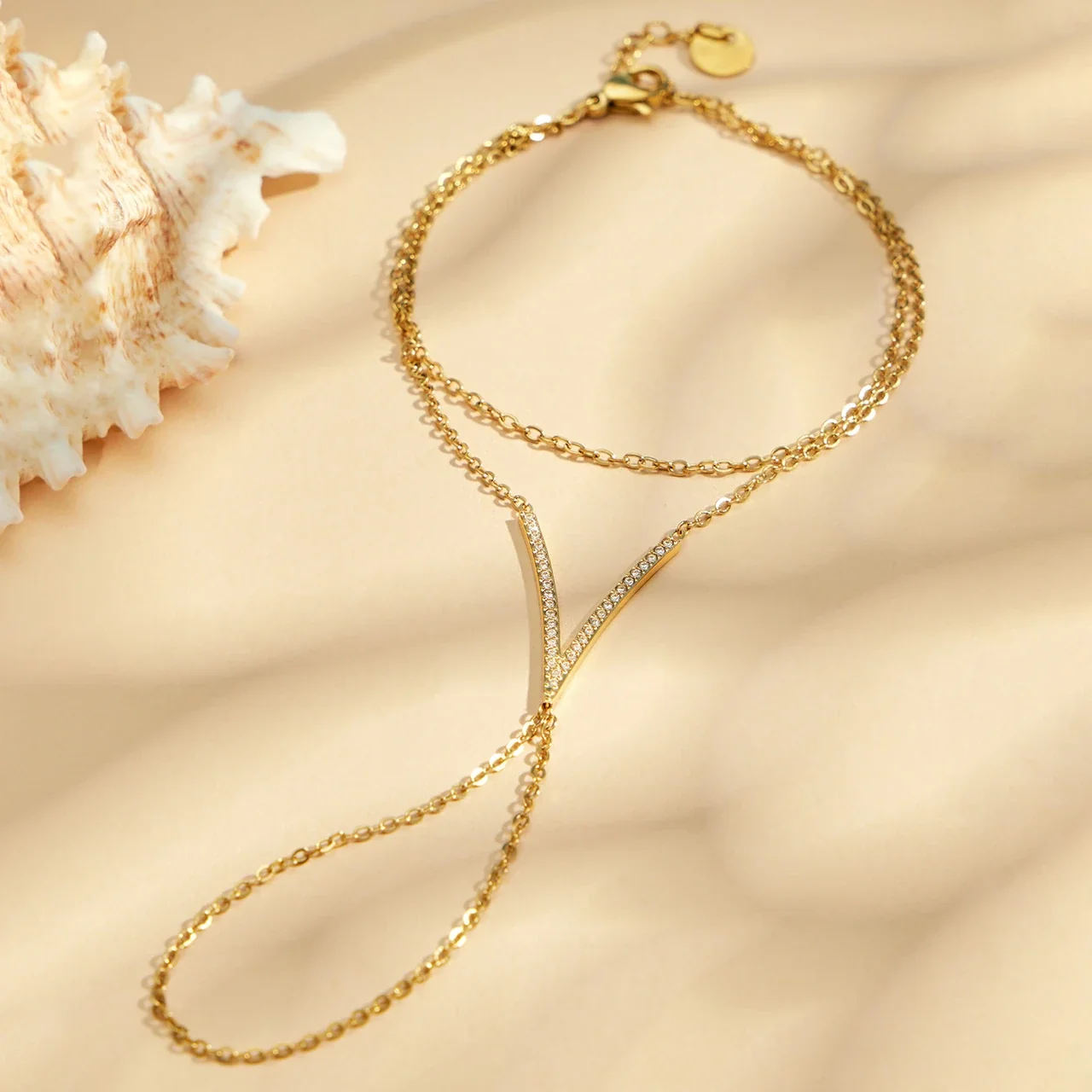 Delicate Gold-Plated V-Bar CZ Hand Chain Bracelet