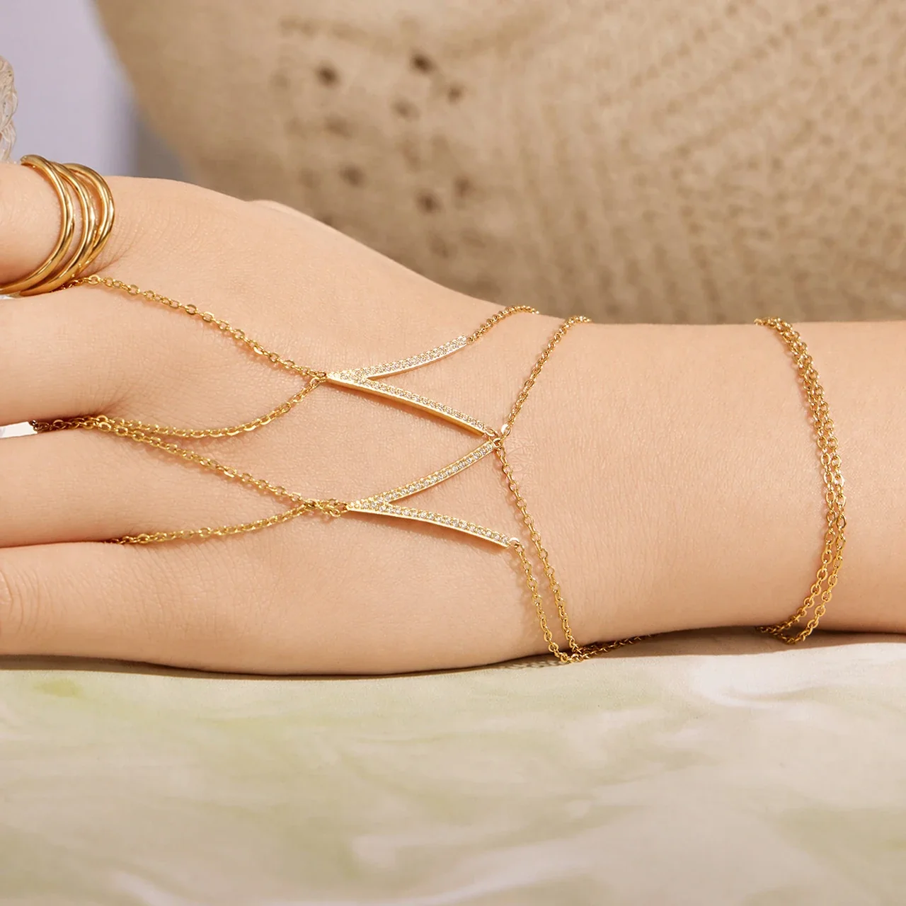 Delicate Gold-Plated V-Bar CZ Hand Chain Bracelet