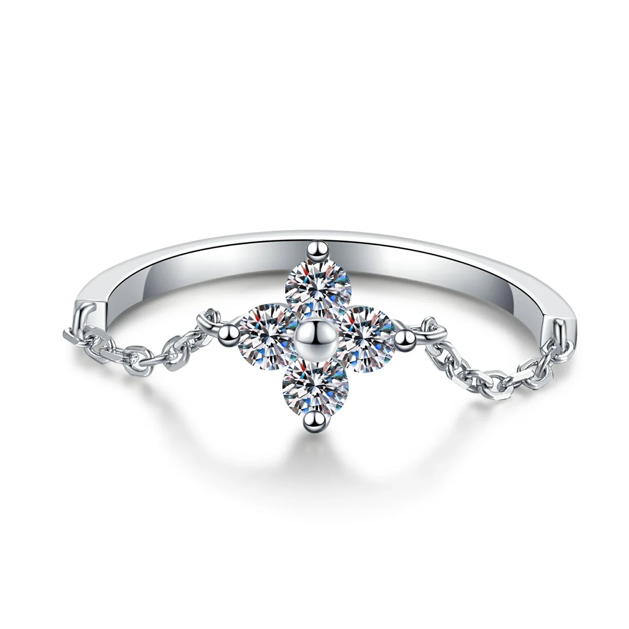 Delicate 925 Sterling Silver Clover Moissanite Chain Ring
