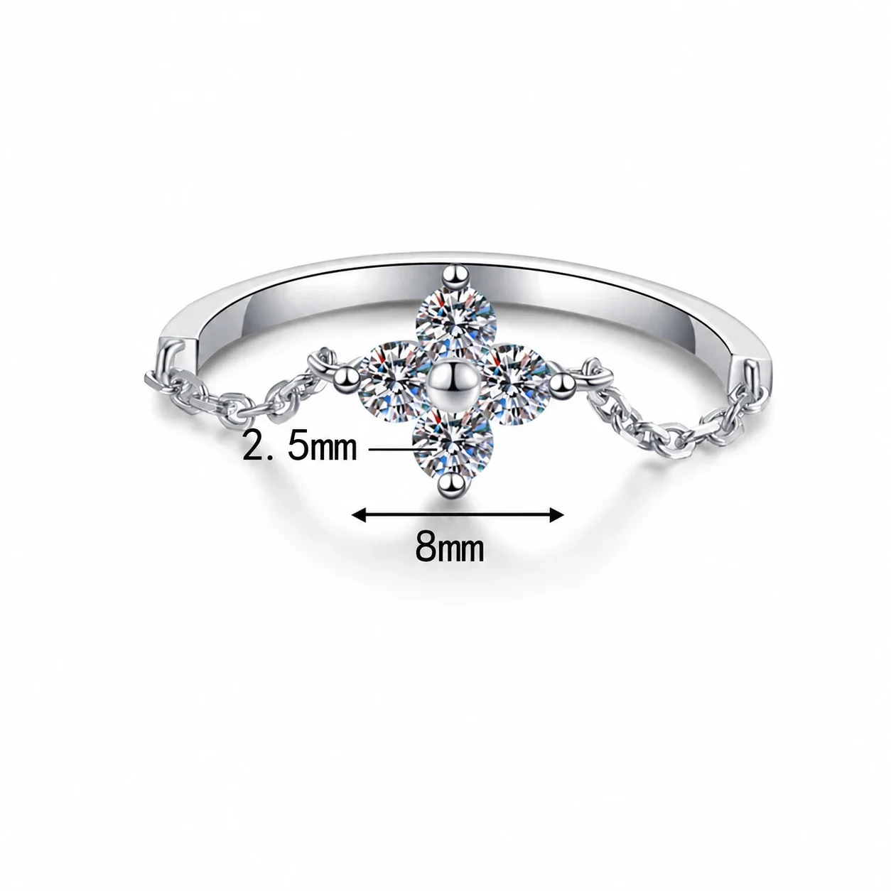 Delicate 925 Sterling Silver Clover Moissanite Chain Ring - D Color Moissanite