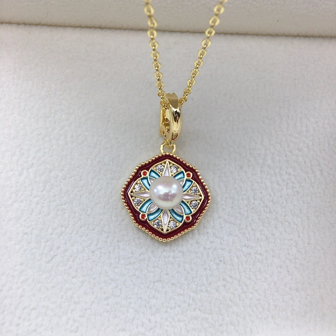 Ornate Gold-Plated Floral Inlay Pearl Pendant Necklace