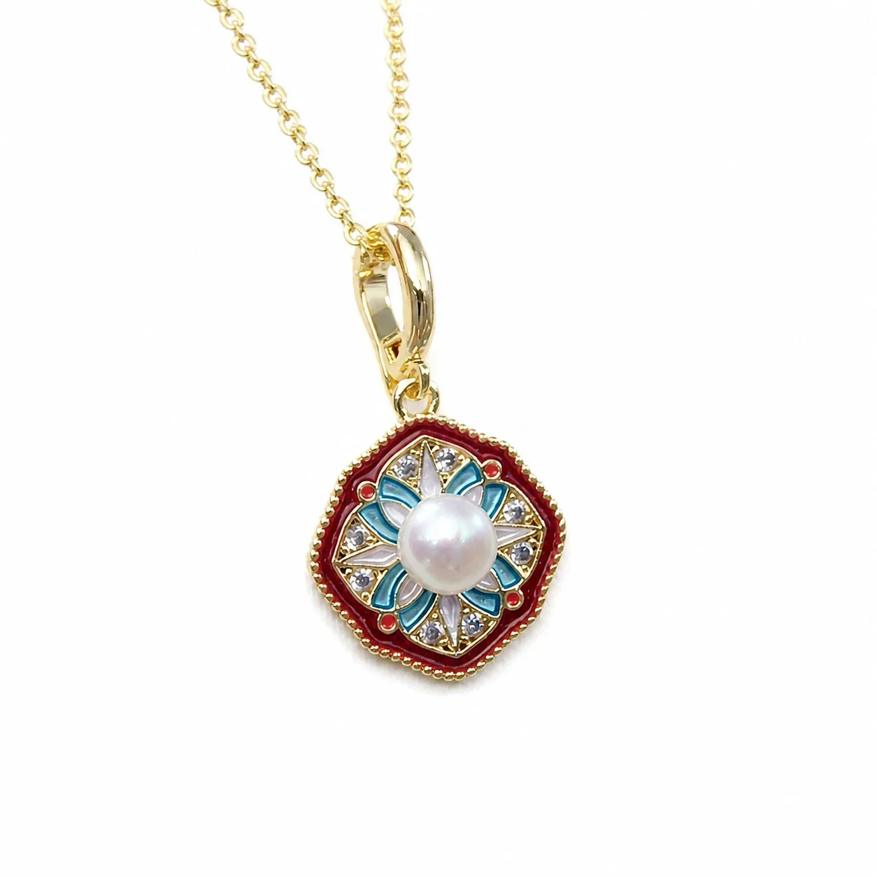 Ornate Gold-Plated Floral Inlay Pearl Pendant Necklace