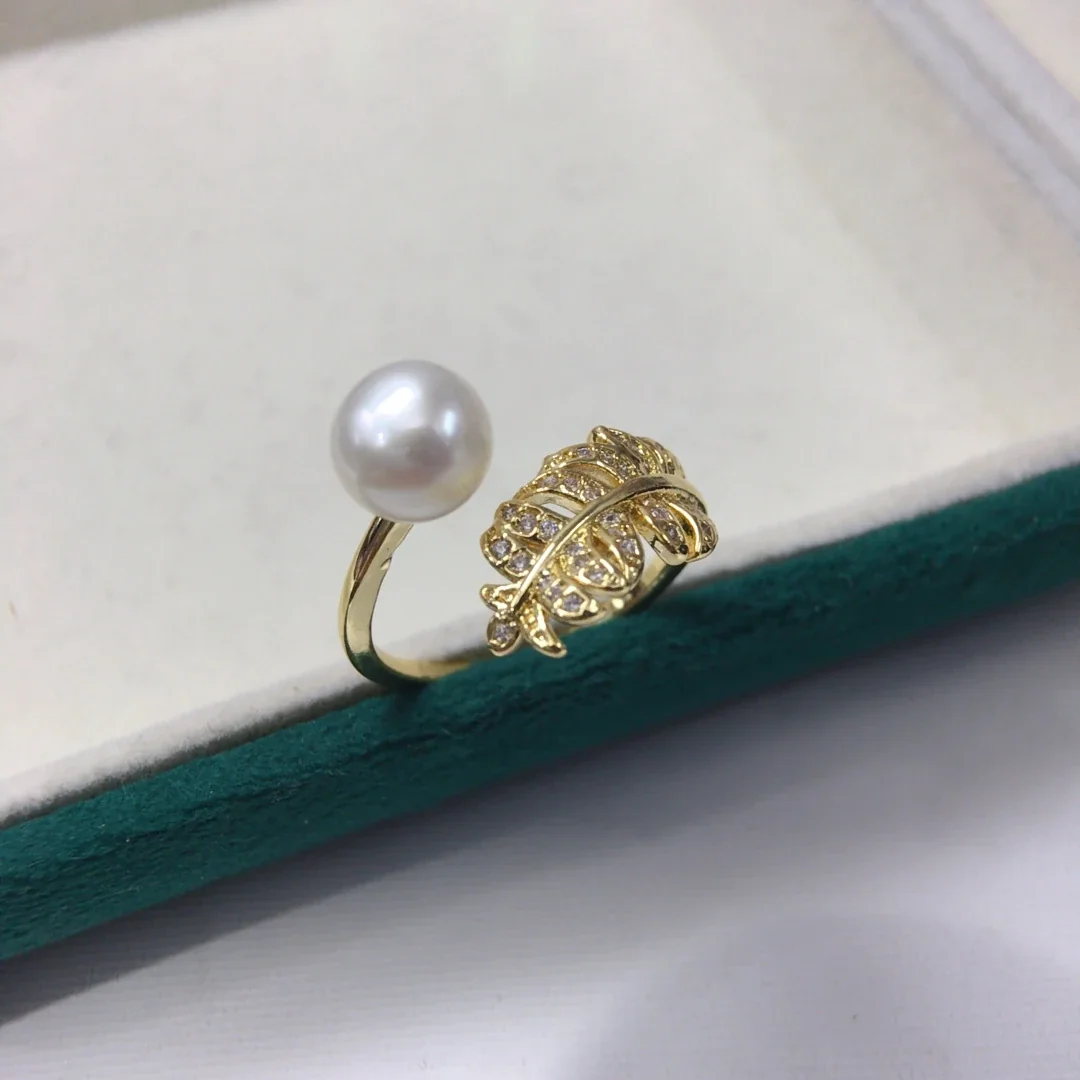 Feather Bypass Freshwater Pearl Pavé CZ Open Ring - Gold