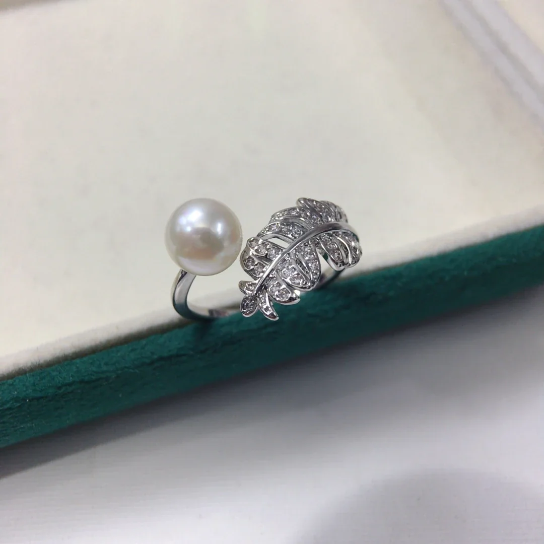 Feather Bypass Freshwater Pearl Pavé CZ Open Ring - Silver