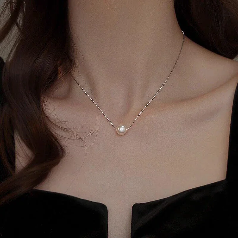 Minimal Pearl Box Chain 925 Sterling Silver Necklace