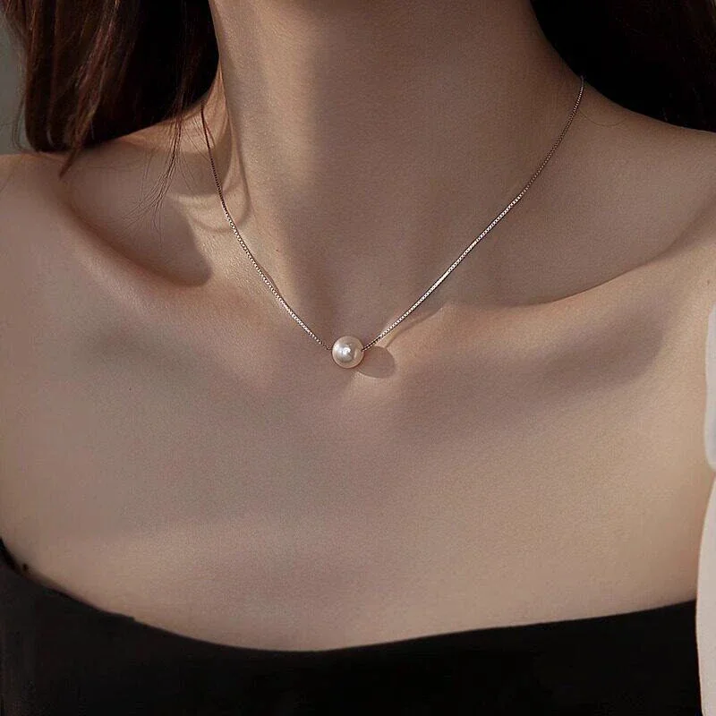 Minimal Pearl Box Chain 925 Sterling Silver Necklace