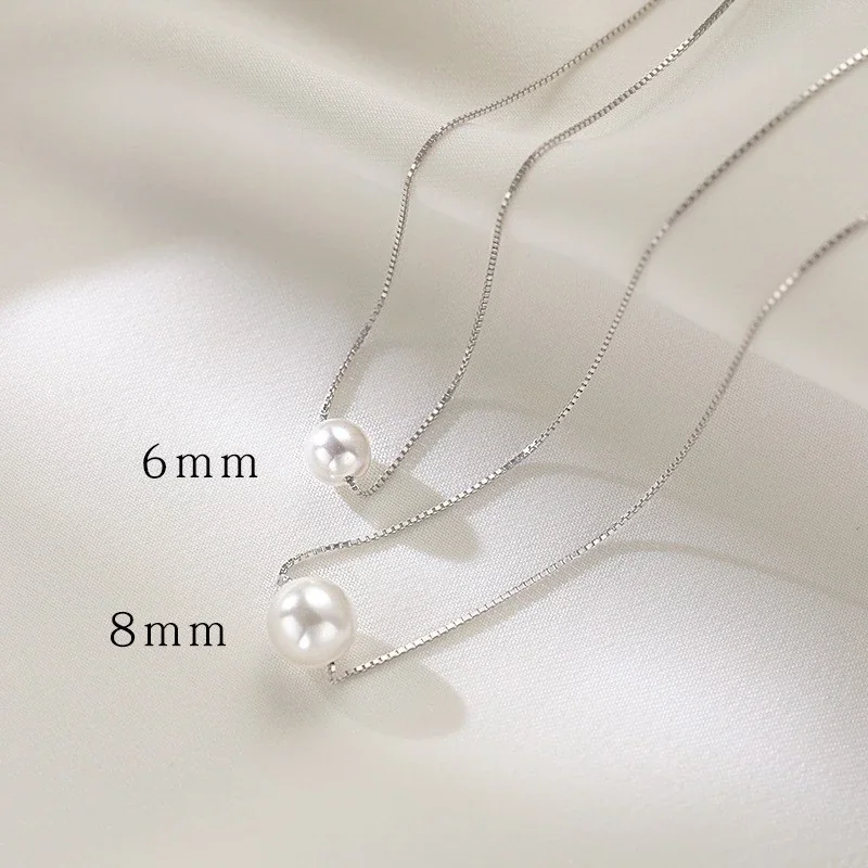 Minimal Pearl Box Chain 925 Sterling Silver Necklace