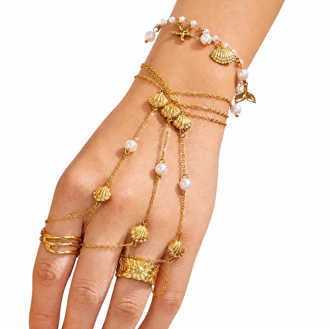Coastal 18K Gold-Plated Scallop CZ Hand Bracelet