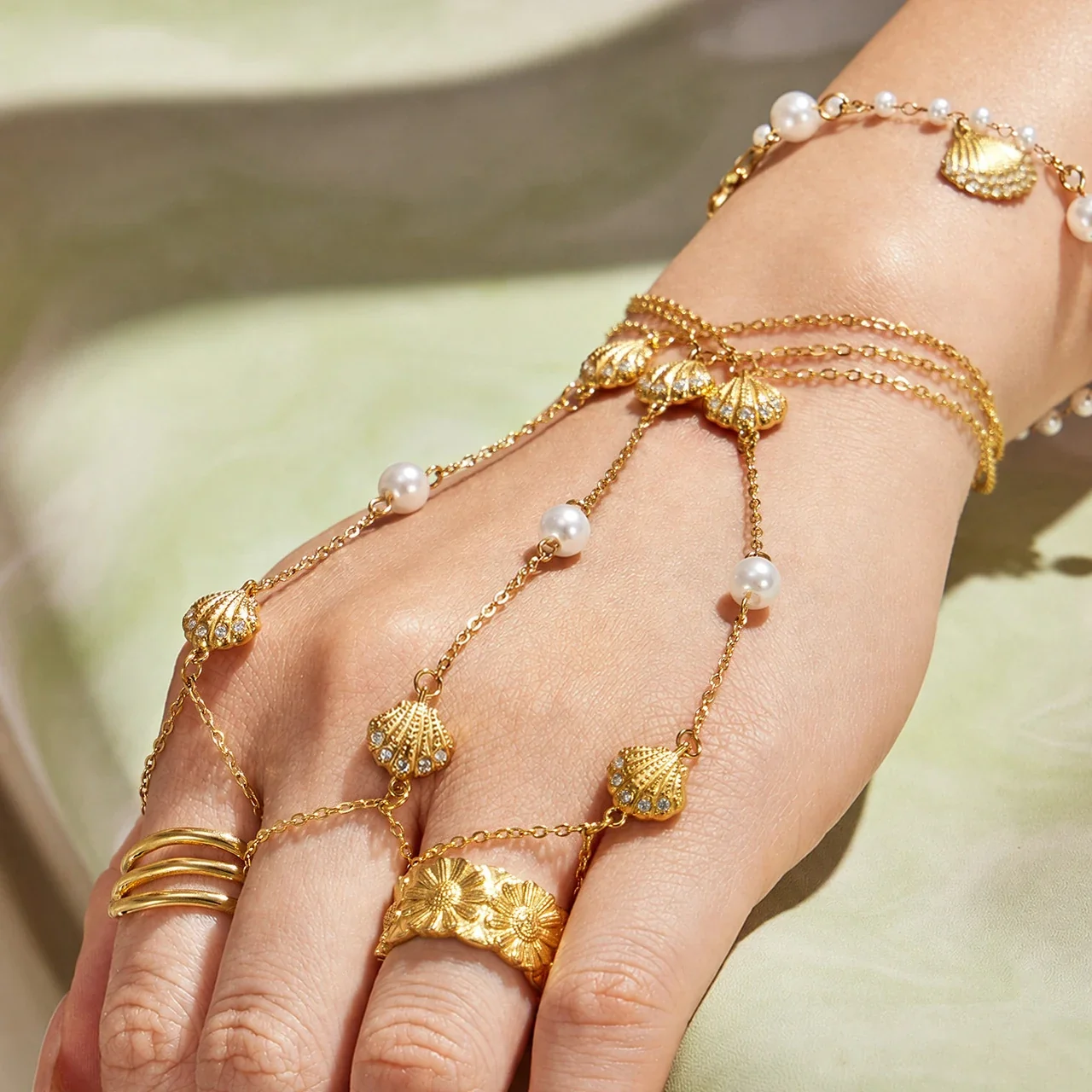 Coastal 18K Gold-Plated Scallop CZ Hand Bracelet