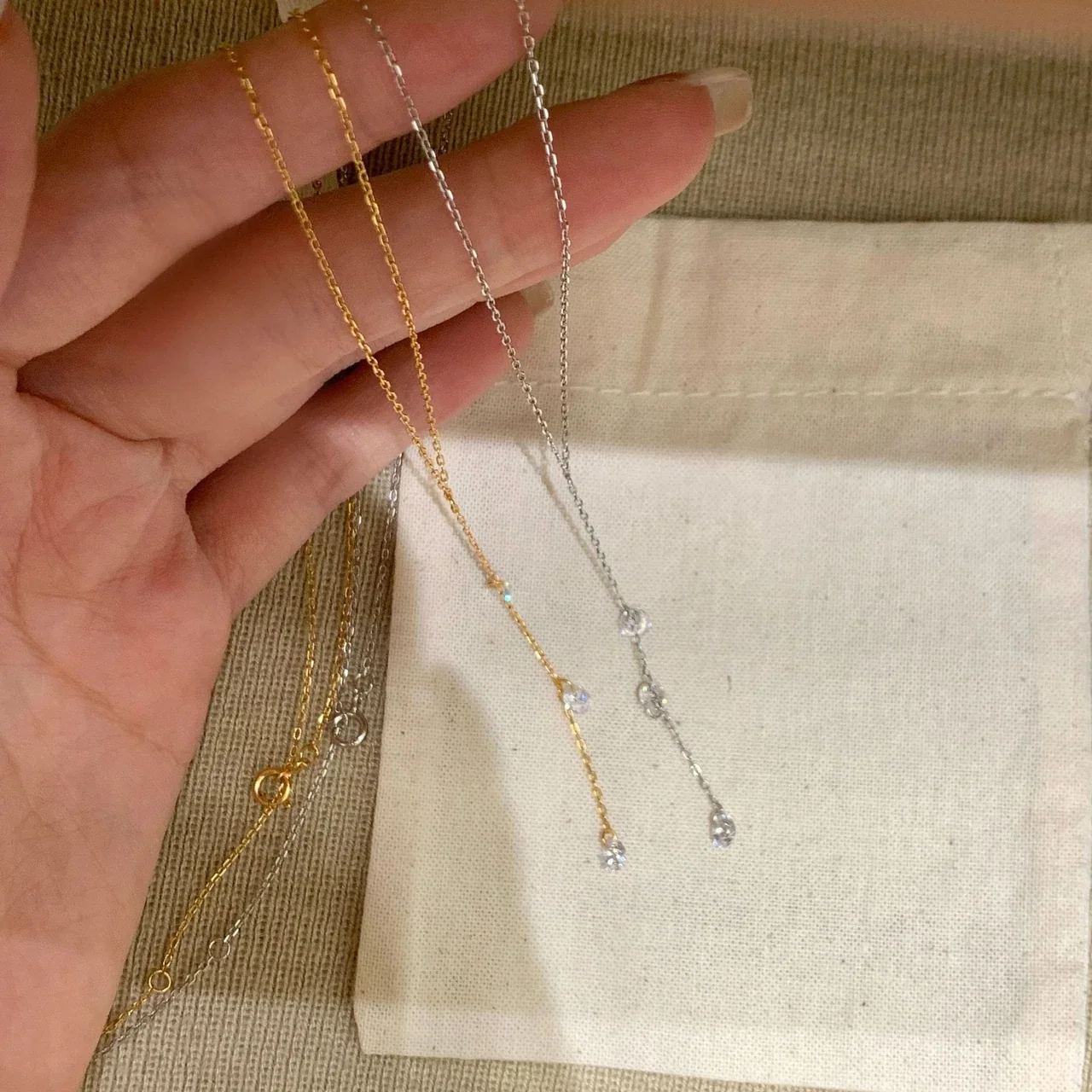 Delicate 925 Sterling Silver Three-Drop Lariat Necklace