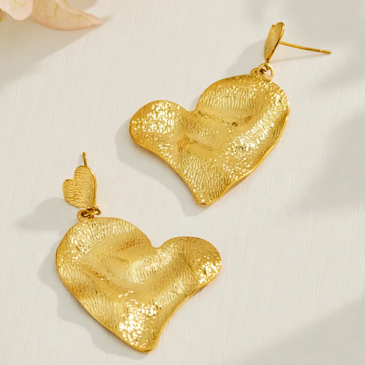 Sculptural Hammered Double-Heart Stainless Steel Drop Earrings