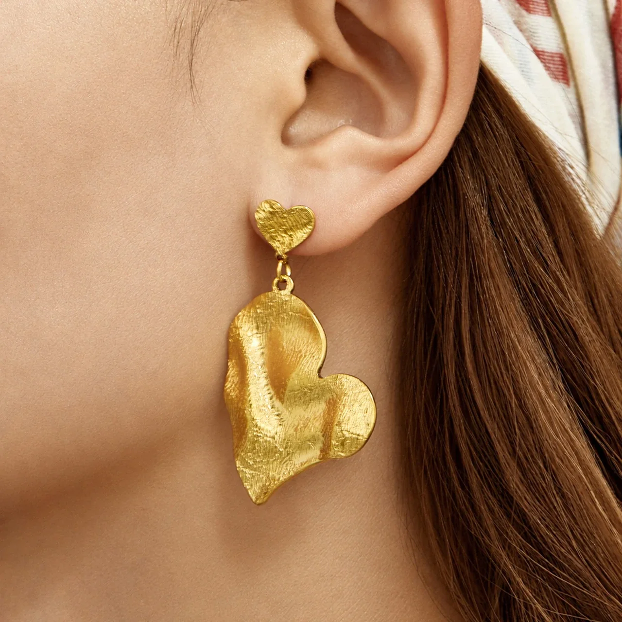 Sculptural Hammered Double-Heart Stainless Steel Drop Earrings
