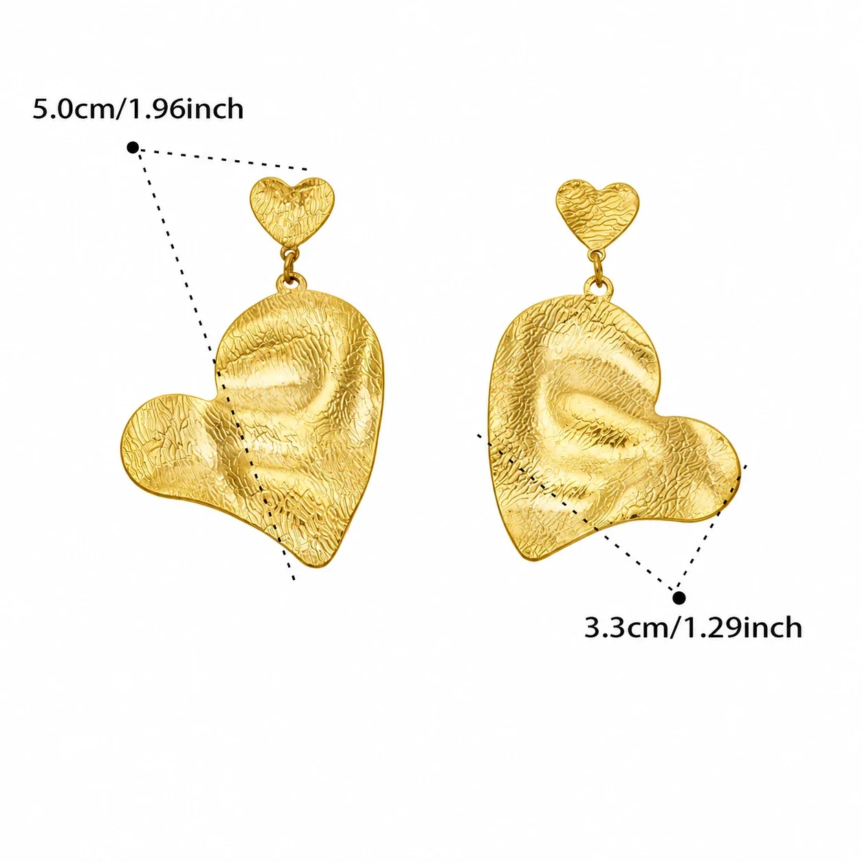 Sculptural Hammered Double-Heart Stainless Steel Drop Earrings - Gold Hammered Heart