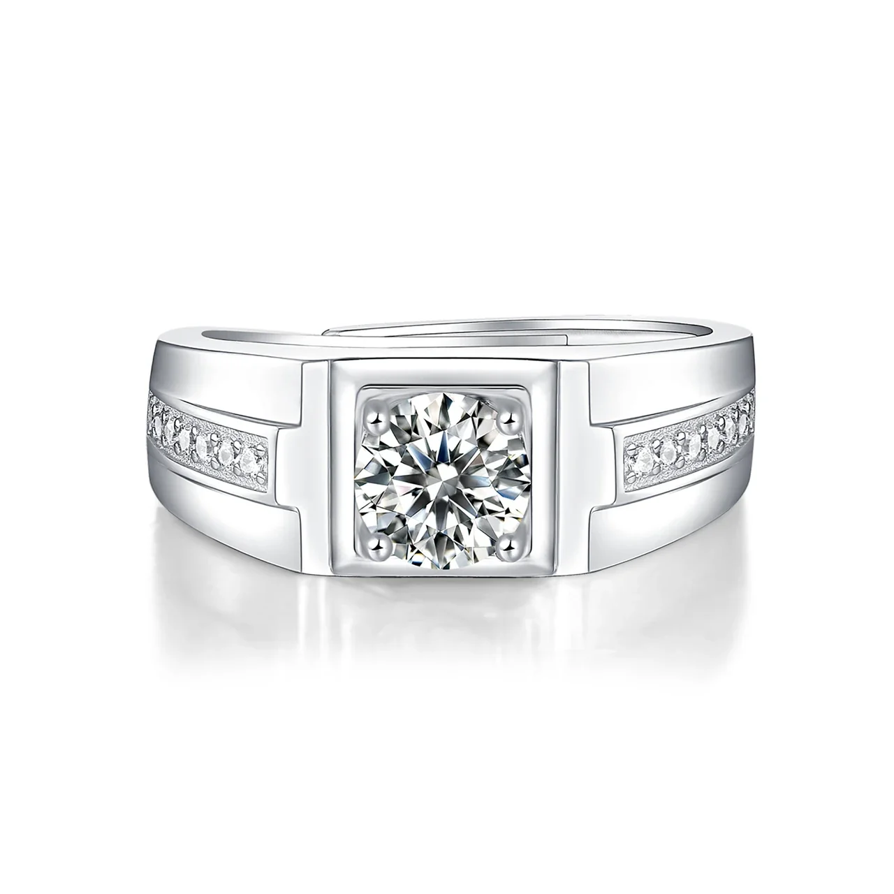 Geometric 925 Sterling Silver Square-Set Pavé Moissanite Signet Ring