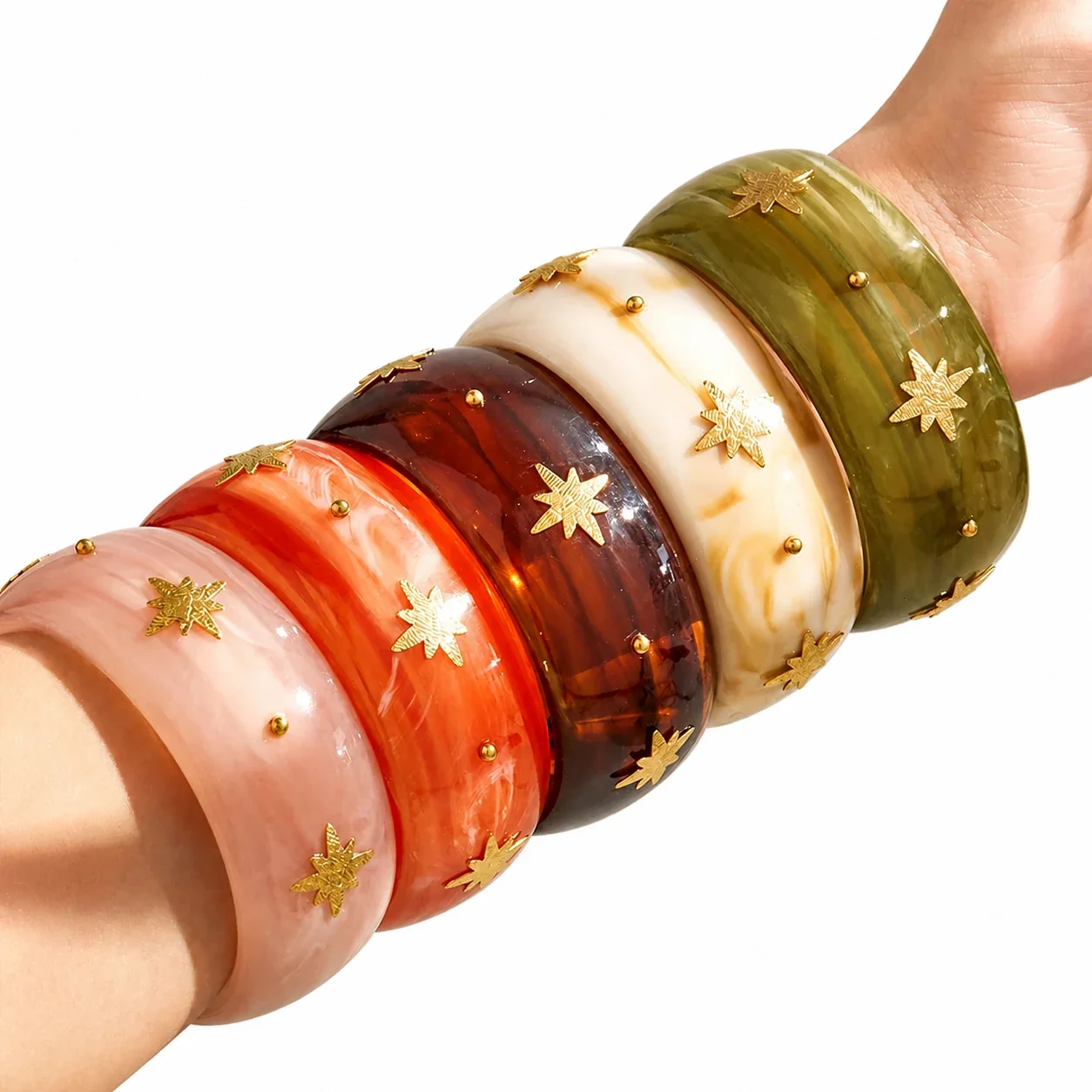 Marbled Resin Stainless Steel Star Stud Wide Bangle
