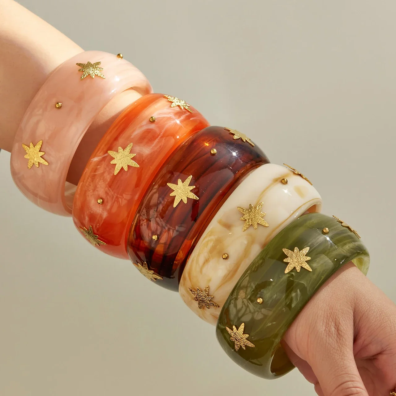 Marbled Resin Stainless Steel Star Stud Wide Bangle