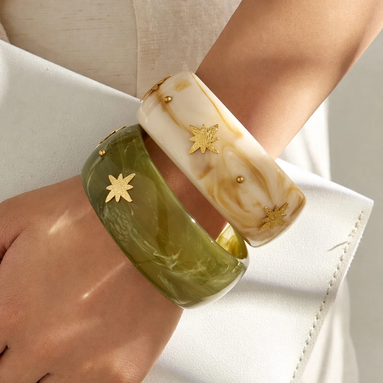 Marbled Resin Stainless Steel Star Stud Wide Bangle
