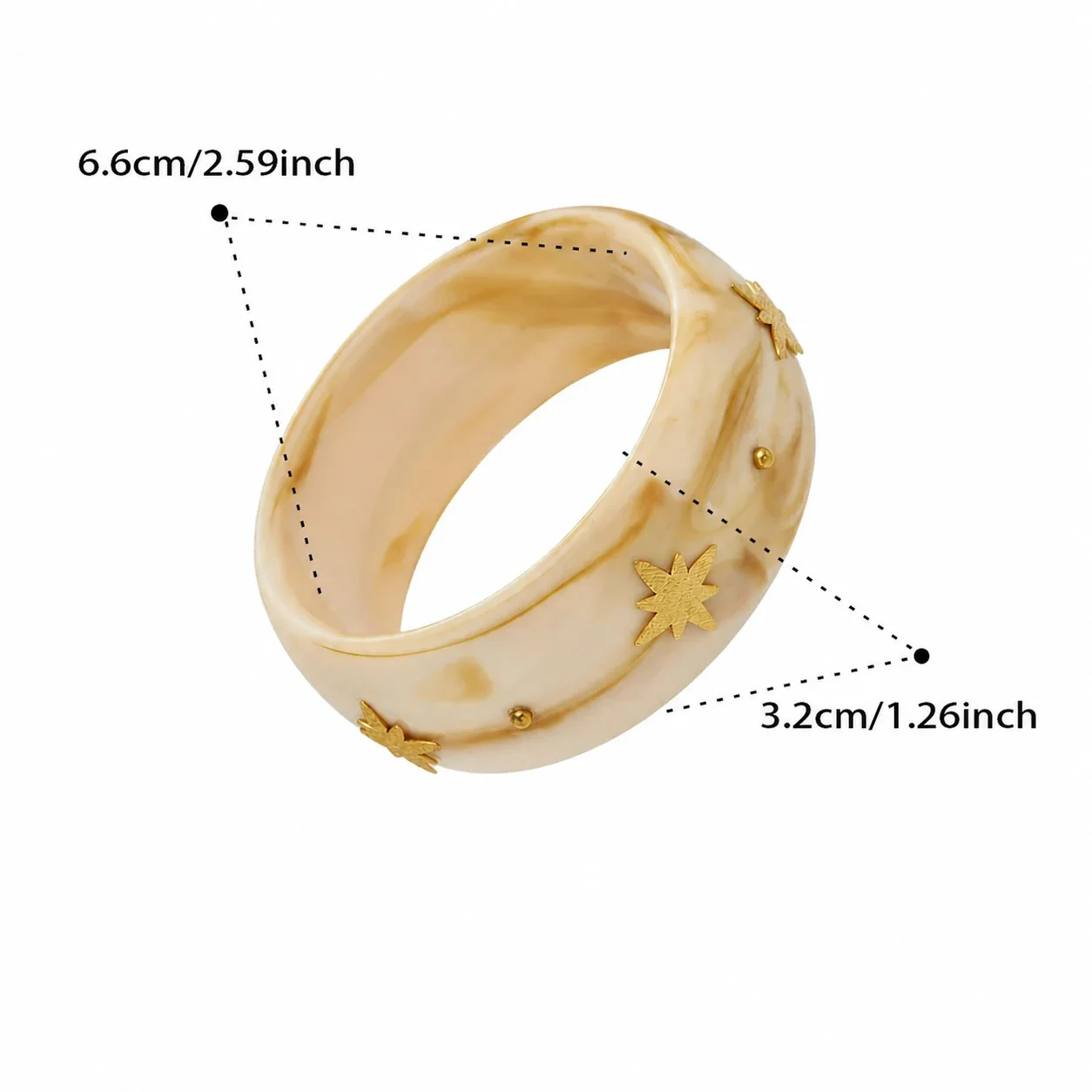 Marbled Resin Stainless Steel Star Stud Wide Bangle - White Resin Gold