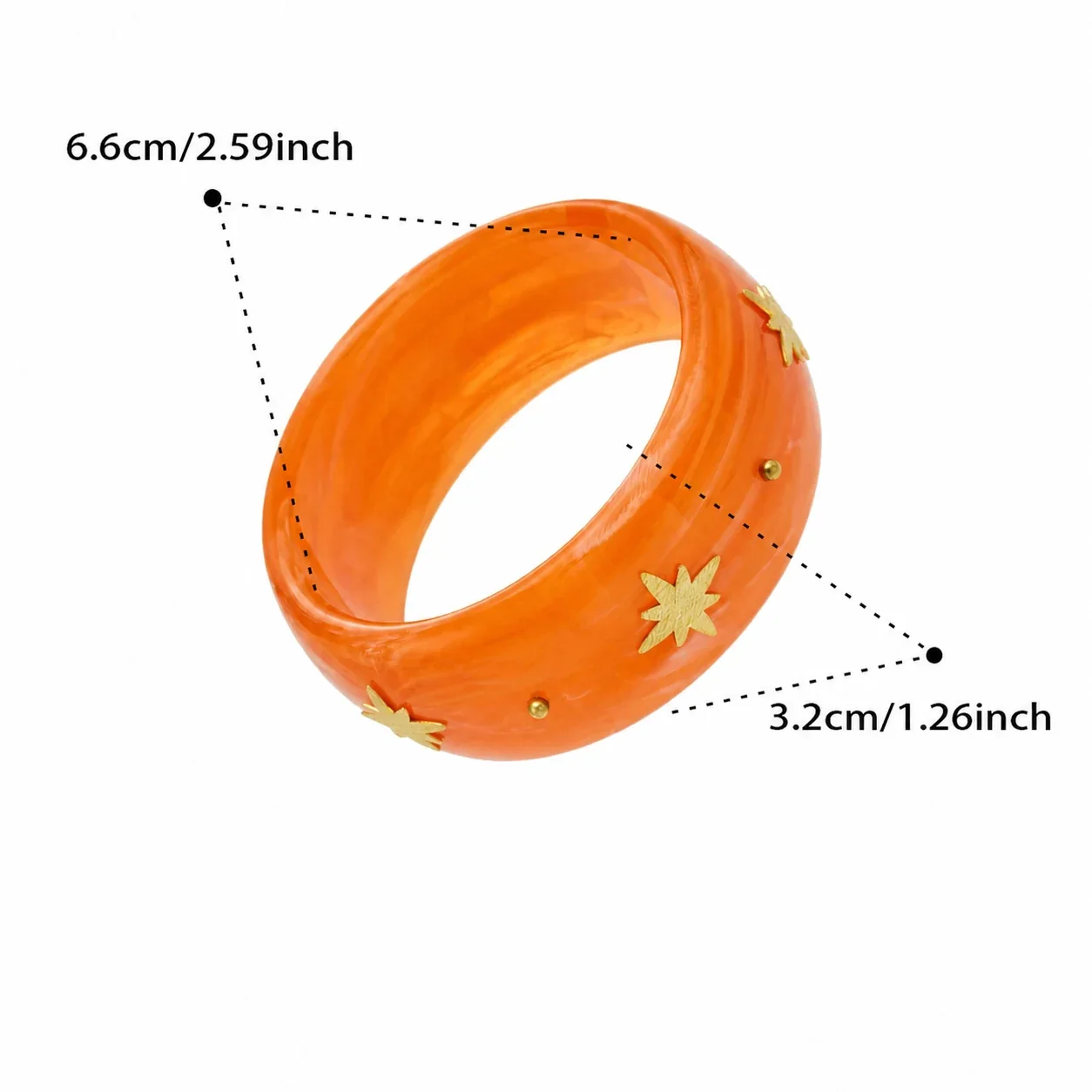 Marbled Resin Stainless Steel Star Stud Wide Bangle - Orange Resin Gold