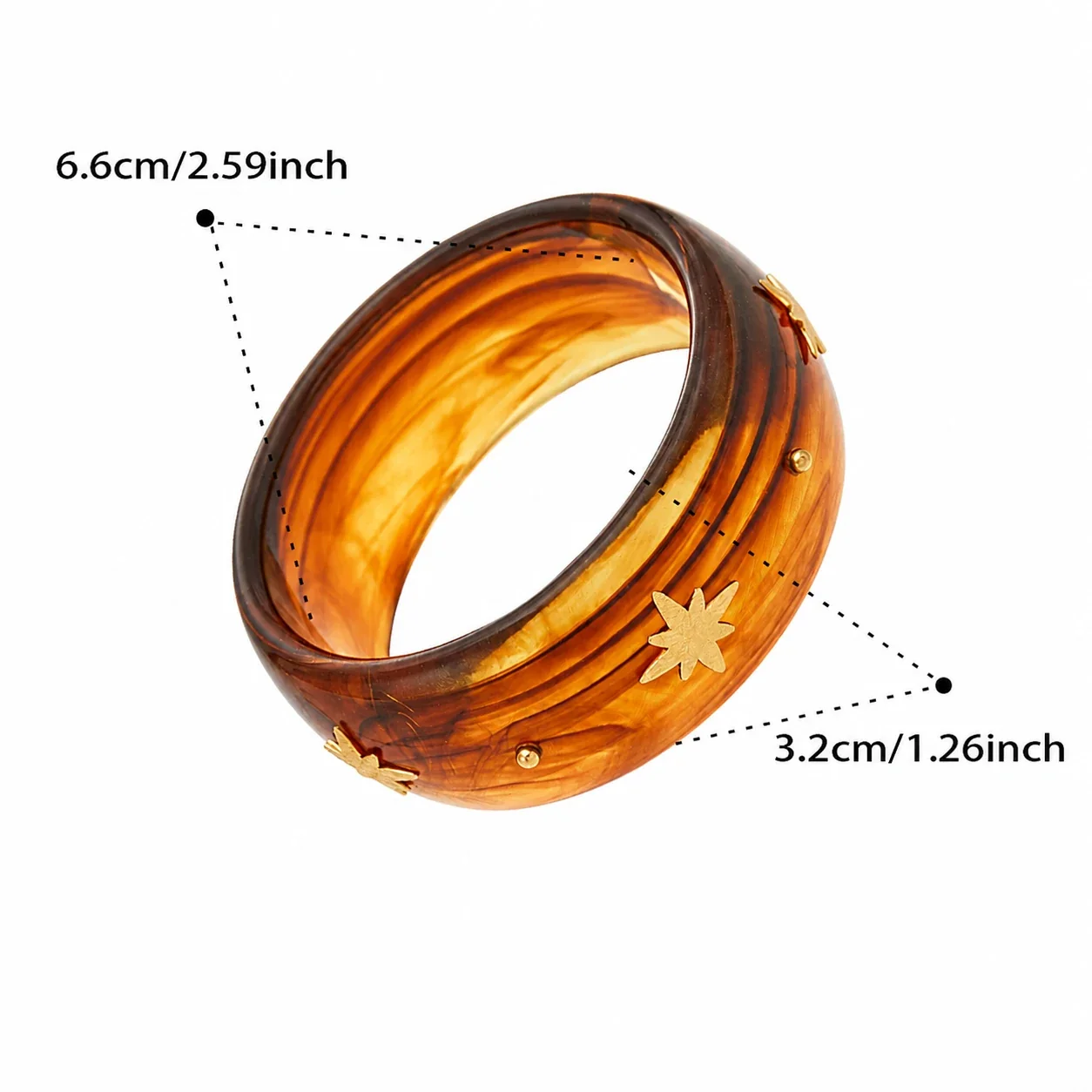 Marbled Resin Stainless Steel Star Stud Wide Bangle - Coffee Resin Gold