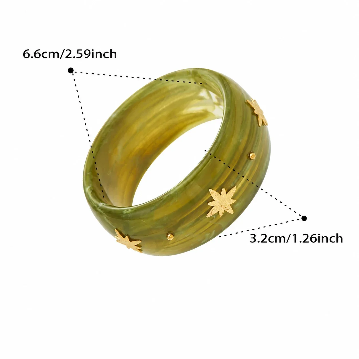 Marbled Resin Stainless Steel Star Stud Wide Bangle - Green Resin Gold