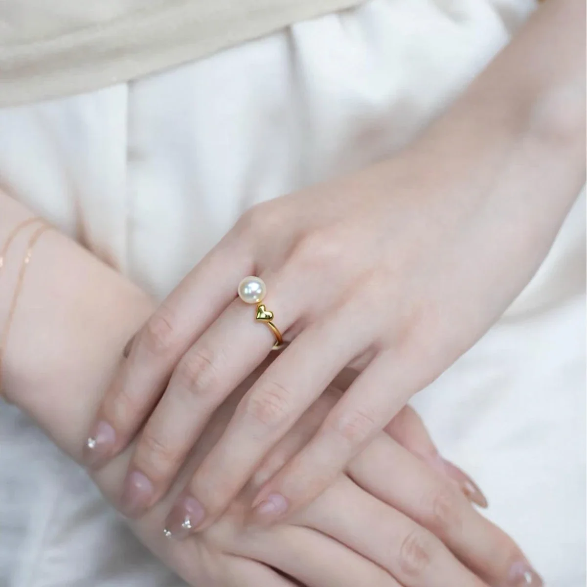 Refined Gold-Plated Heart Open 7 mm Freshwater Pearl Ring