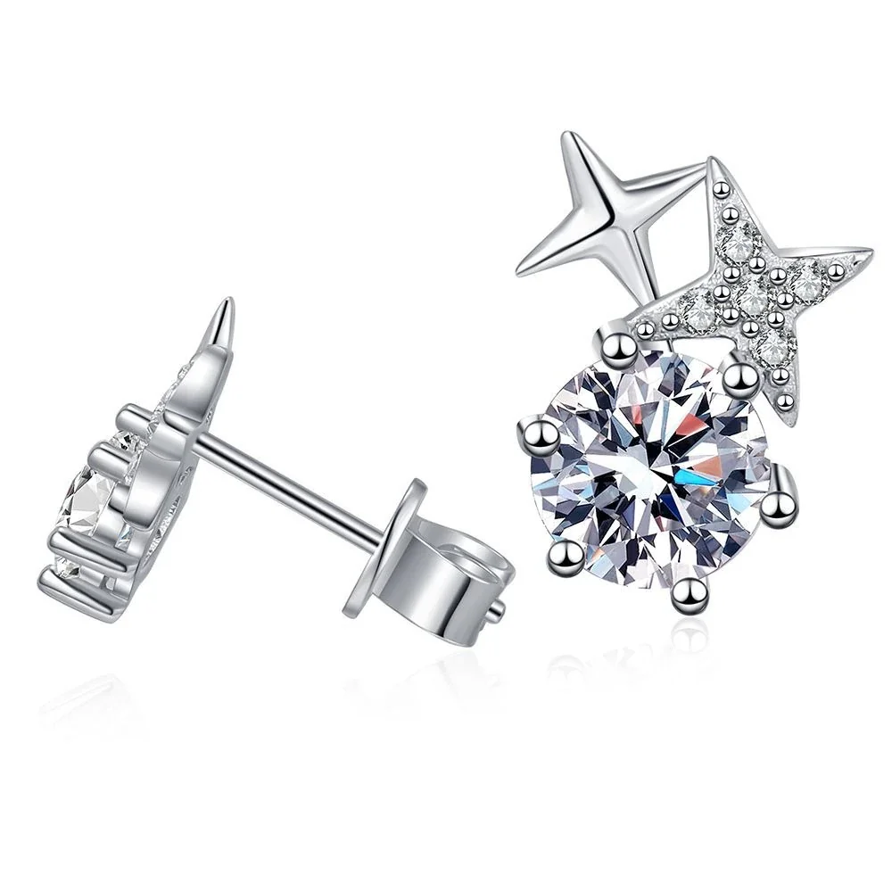 Celestial Star Six-Prong 925 Sterling Silver Stud Earrings