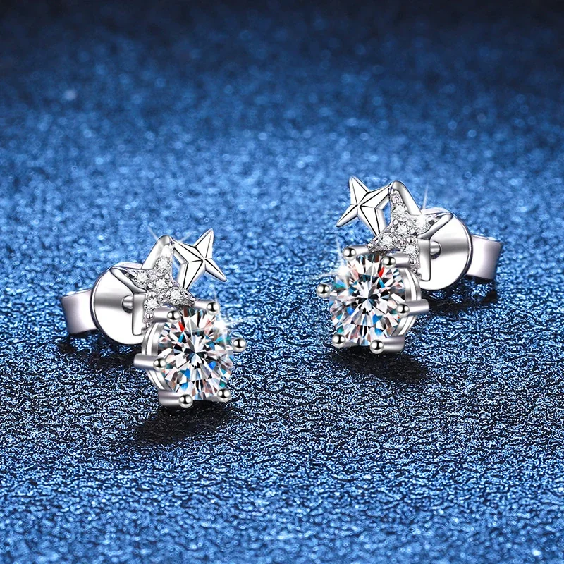 Celestial Star Six-Prong 925 Sterling Silver Stud Earrings