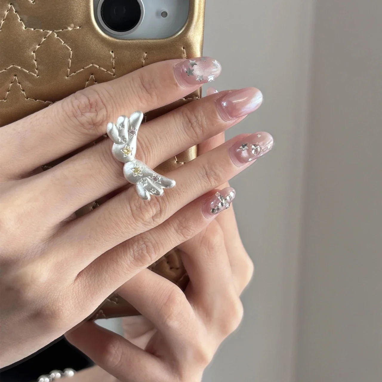 Scalloped Wing Silver-Plated Star Accent Copper Ring