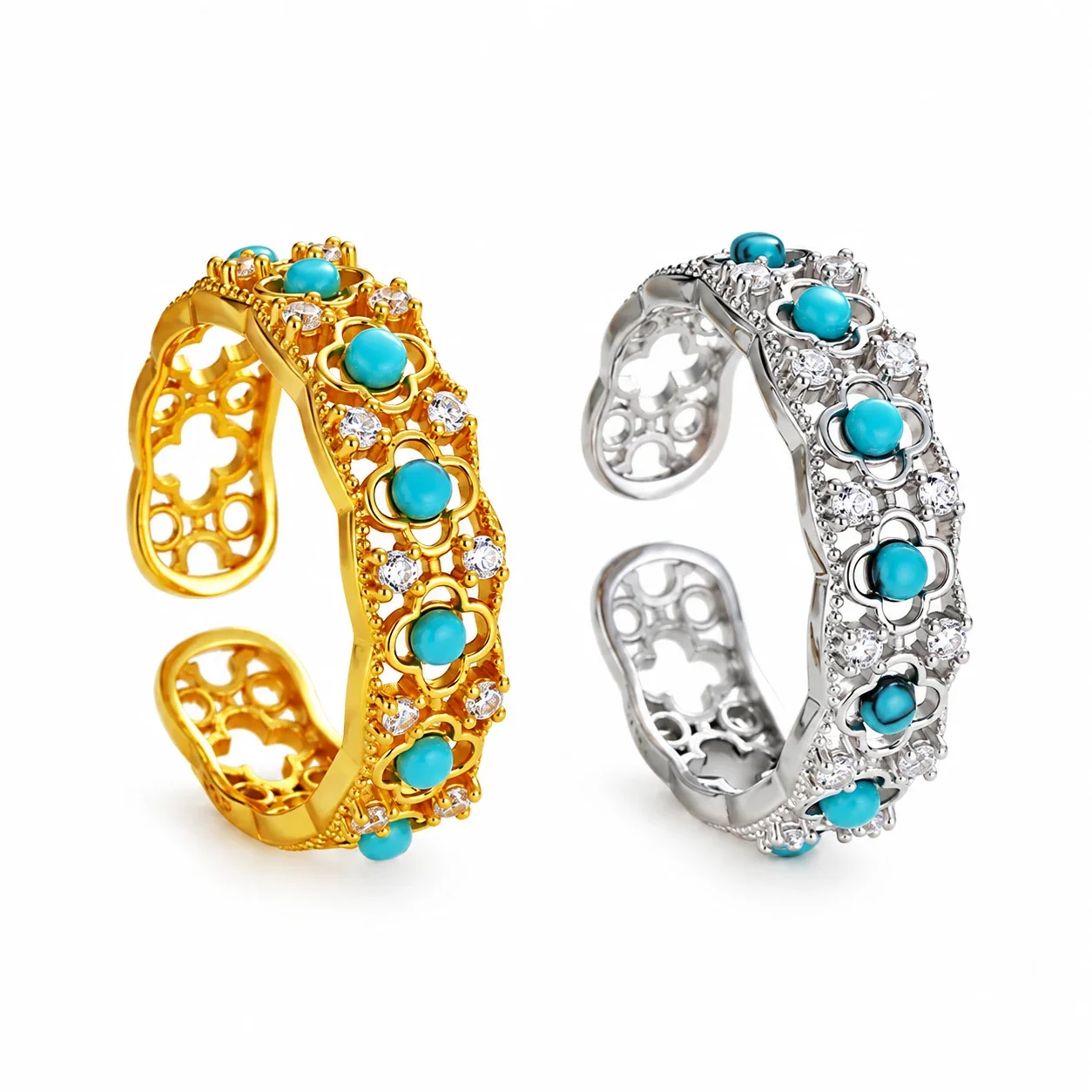 Ornate 925 Sterling Silver Turquoise Floral Openwork Ring
