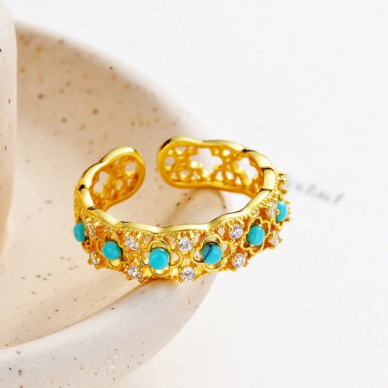 Ornate 925 Sterling Silver Turquoise Floral Openwork Ring