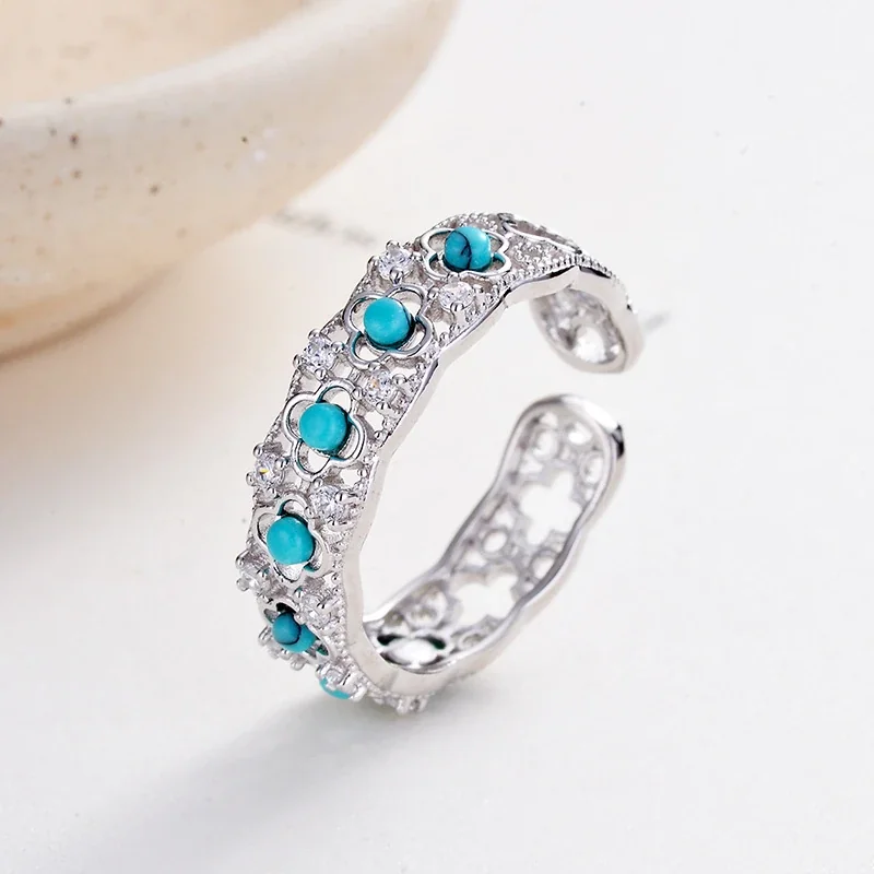 Ornate 925 Sterling Silver Turquoise Floral Openwork Ring