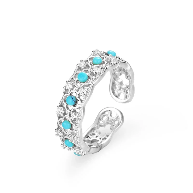 Ornate 925 Sterling Silver Turquoise Floral Openwork Ring - Silver