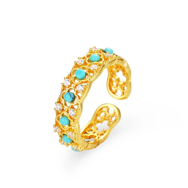 Ornate 925 Sterling Silver Turquoise Floral Openwork Ring - Gold