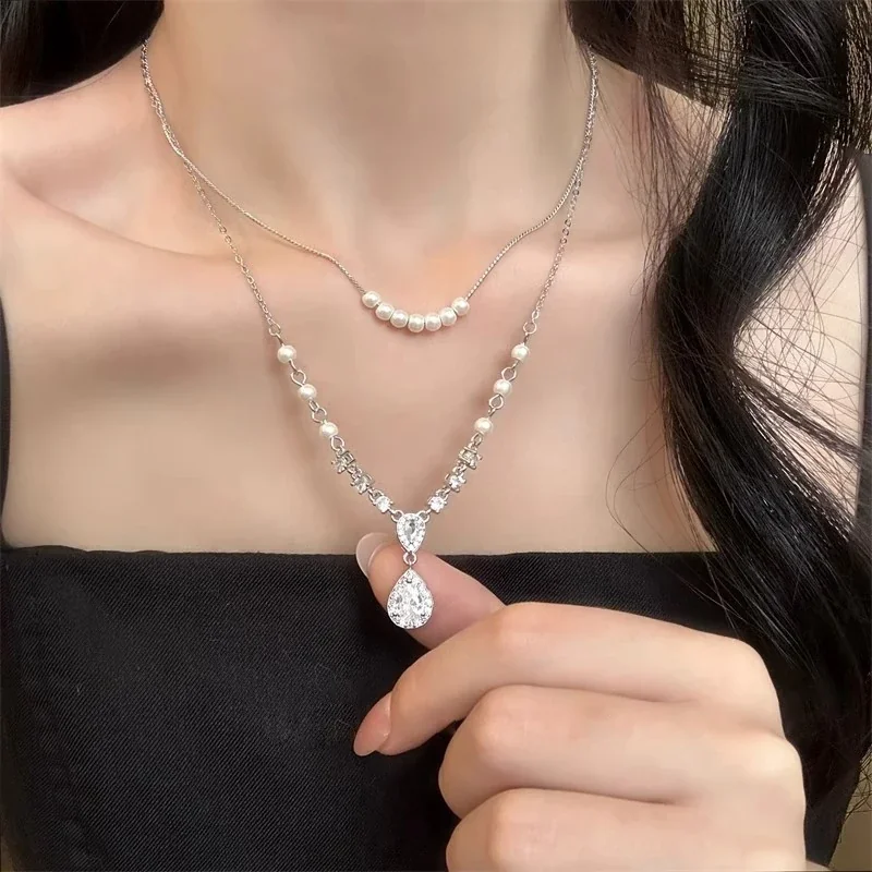 Layered Silver-Plated Teardrop Crystal Pearl Necklace