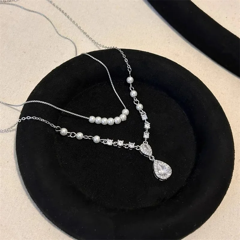 Layered Silver-Plated Teardrop Crystal Pearl Necklace